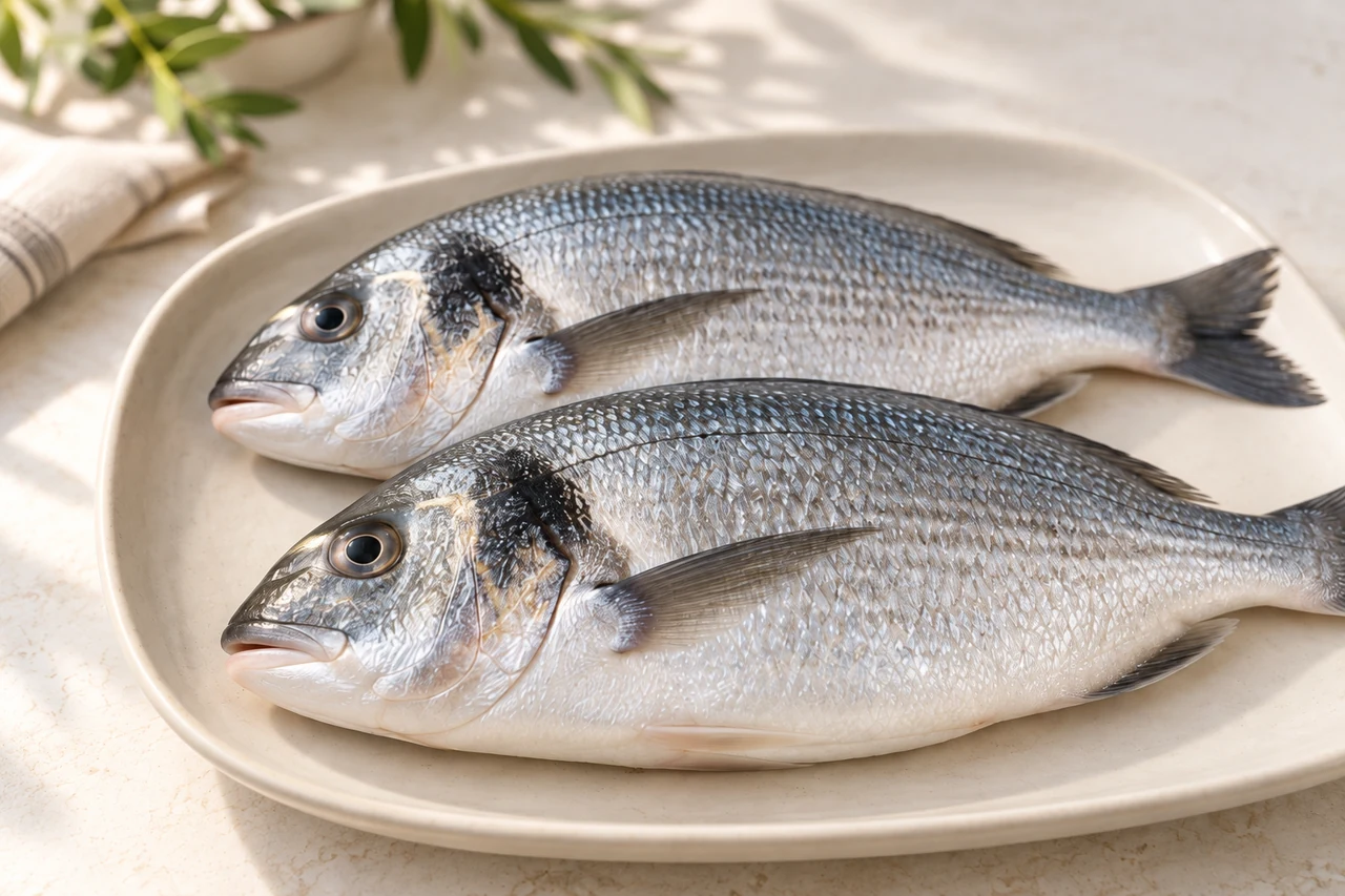 Two fresh silver fish on a cream plate in a sunlit kitchen.