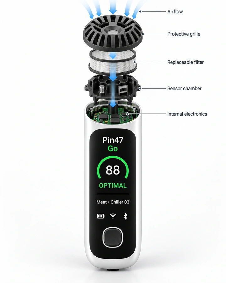 Exploded view of Pin47 showing the protective grille, replaceable filter, sensor chamber, internal electronics, and airflow.