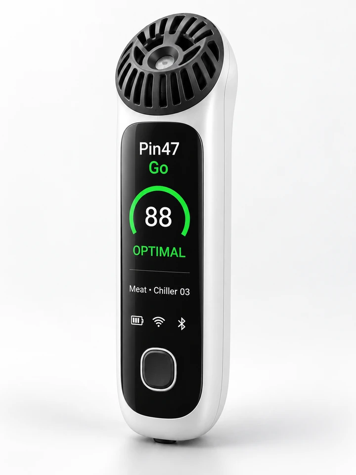 Front three-quarter view of the silver Pin47 device.